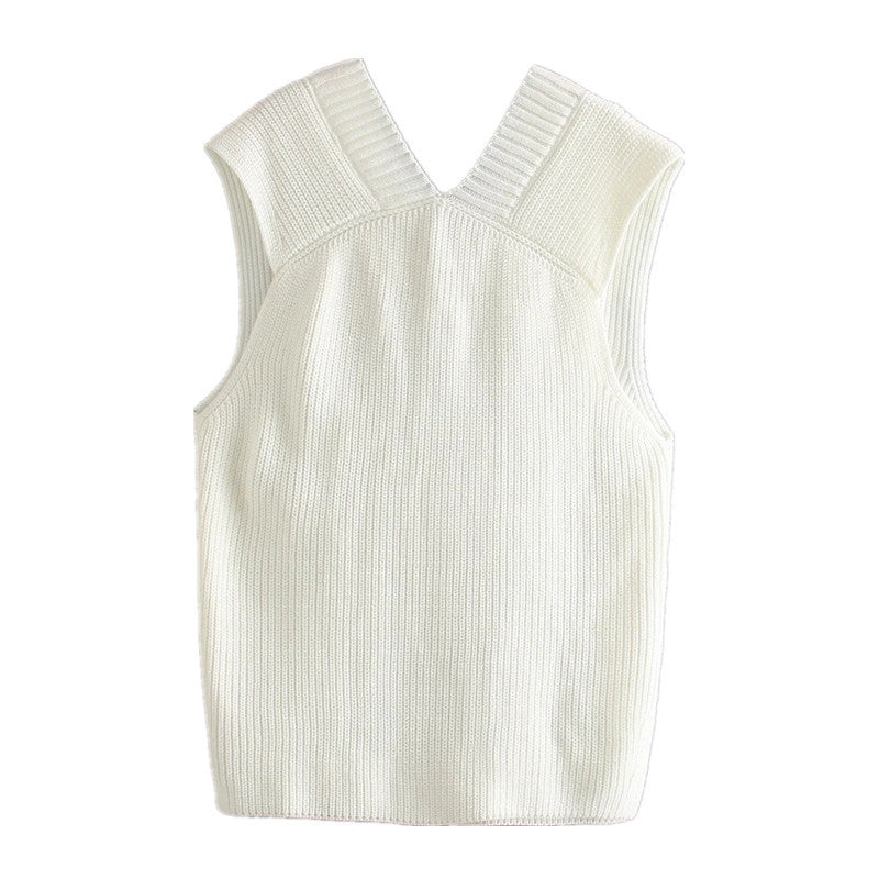 White split V-neck sleeveless knitted vest vest