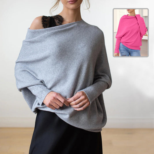 Solid Off-shoulder Batwing Sleeve Sweater Fashion Round Neck Temperament Pullover Top Womens Clothing