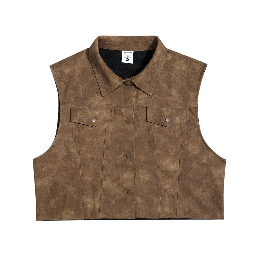 Retro Street Half-length PU Leather Vest Man Lapel Waistcoat Sleeveless Vest Short Coat