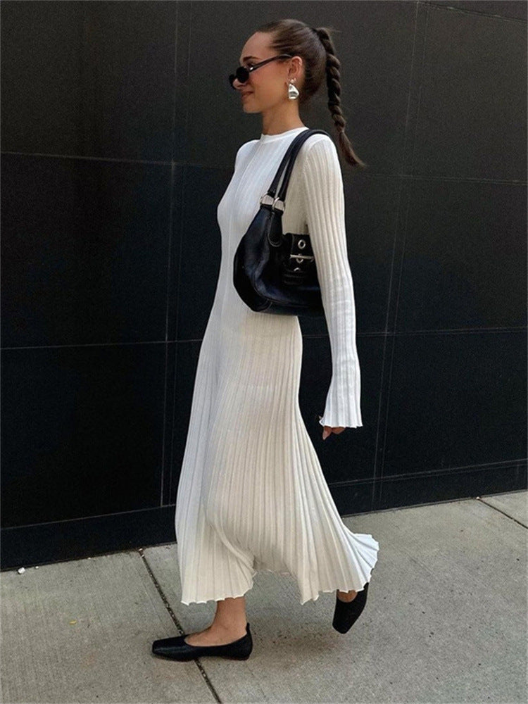 Long Sleeve Round Neck Tight Knitted Sunken Stripe Solid Color Dress