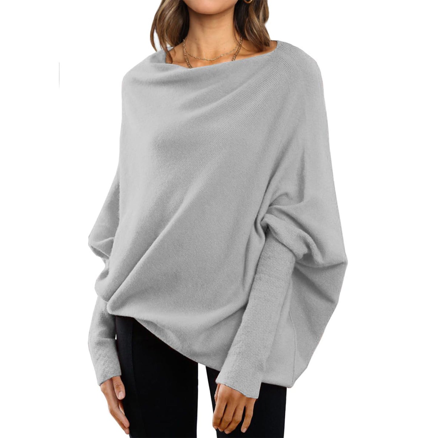 Pinage à manches de chauve-souris en vrac Tops simples décontractés Couleur solide polyvalente Pull à cou rond pour les femmes