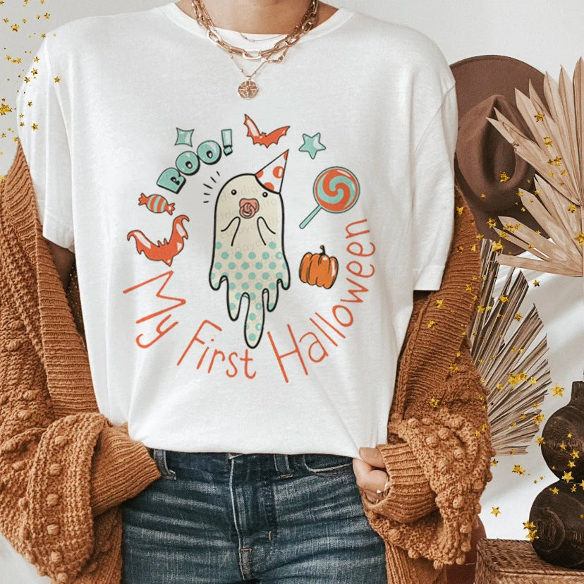 Halloween Ghost Witch Pumpkin Print Casual Short Sleeved Shirt