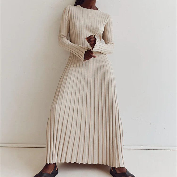 Long Sleeve Round Neck Tight Knitted Sunken Stripe Solid Color Dress