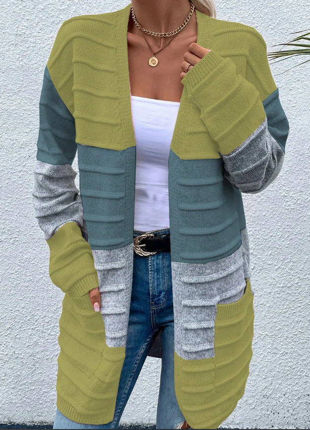 Amazon AliExpress Sweater Women's 2024 Fashion Jacket With Big Pockets Autumn And Winter Long Striped Color Matching Cardigan