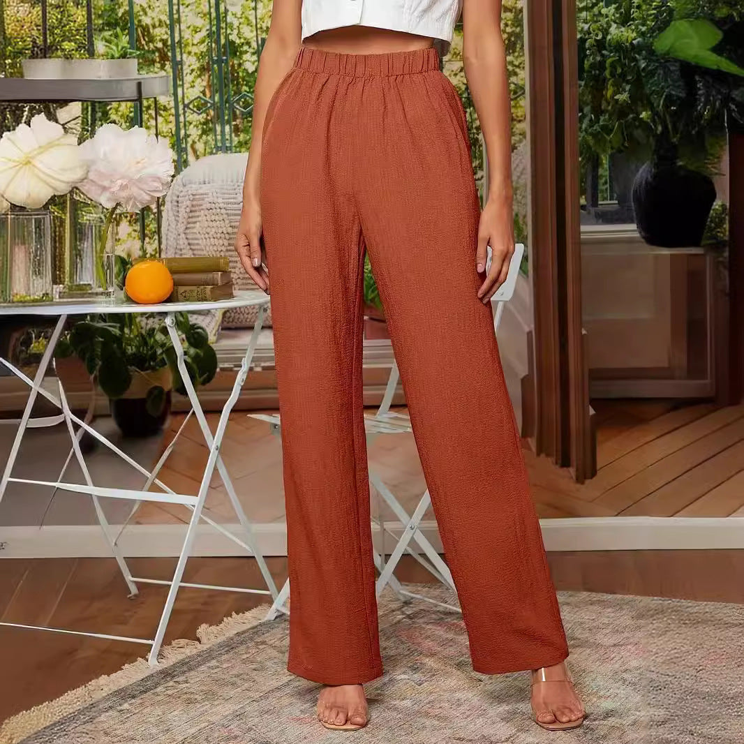 European And American Women's Clothing Elastic Waist Casual Straight Pants Texture Fabric Casual And Comfortable