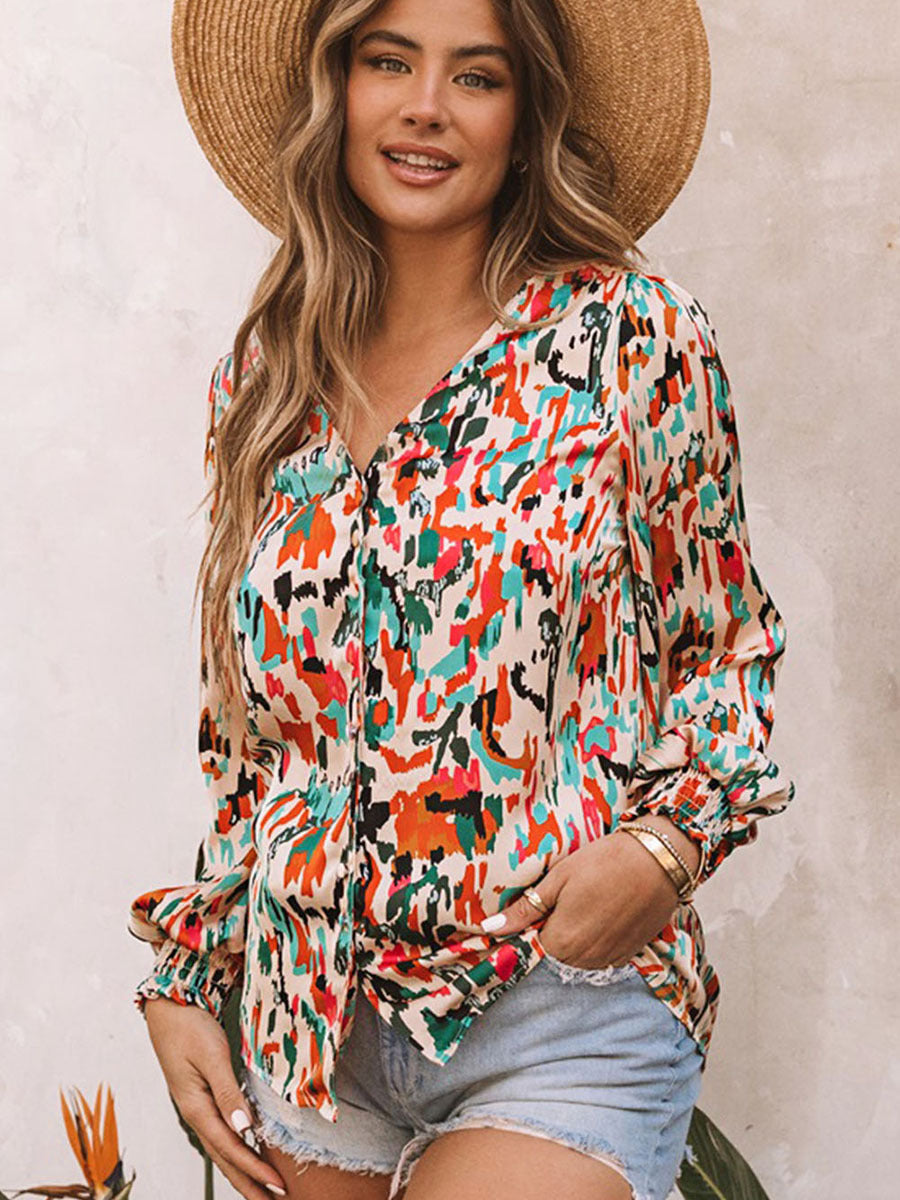 Watercolor Printing V-neck Shirt Women