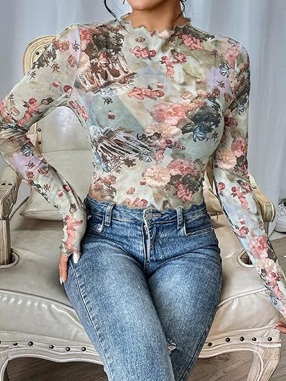 Lettuce Edge Floral Print Mesh Top