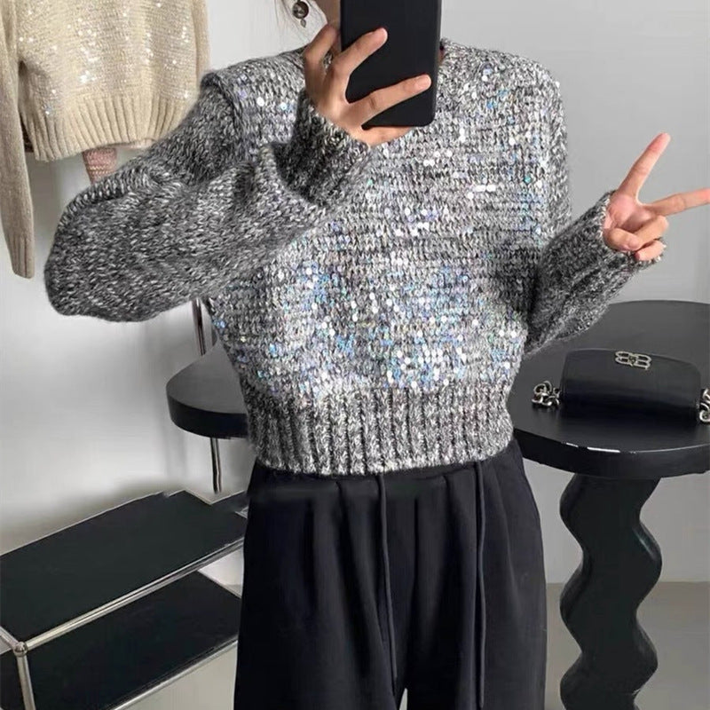 Korean Style O-neck Short Pullover Sequined Sweater