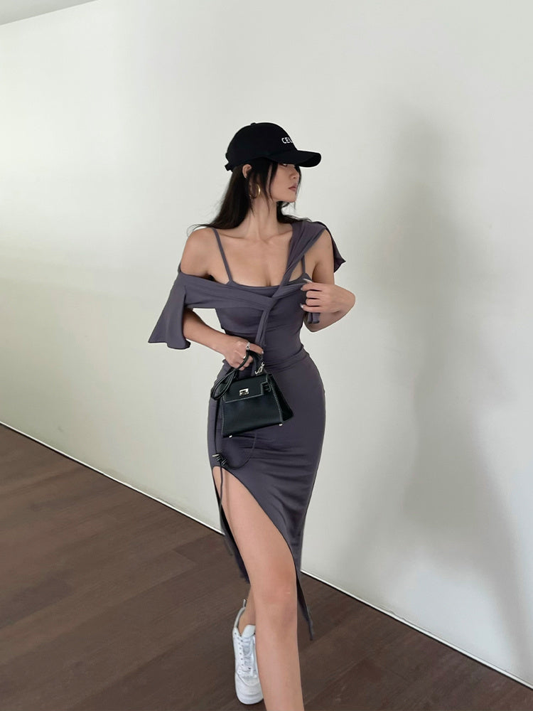 Black Word-neck Suspender Dress With Feminine Waist