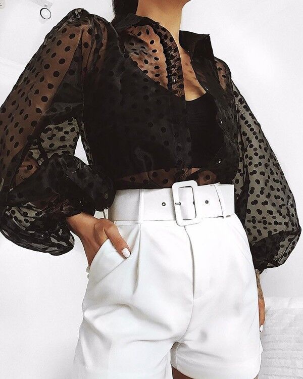 Polka dot mesh yarn bubble sleeve lapel long sleeve shirt