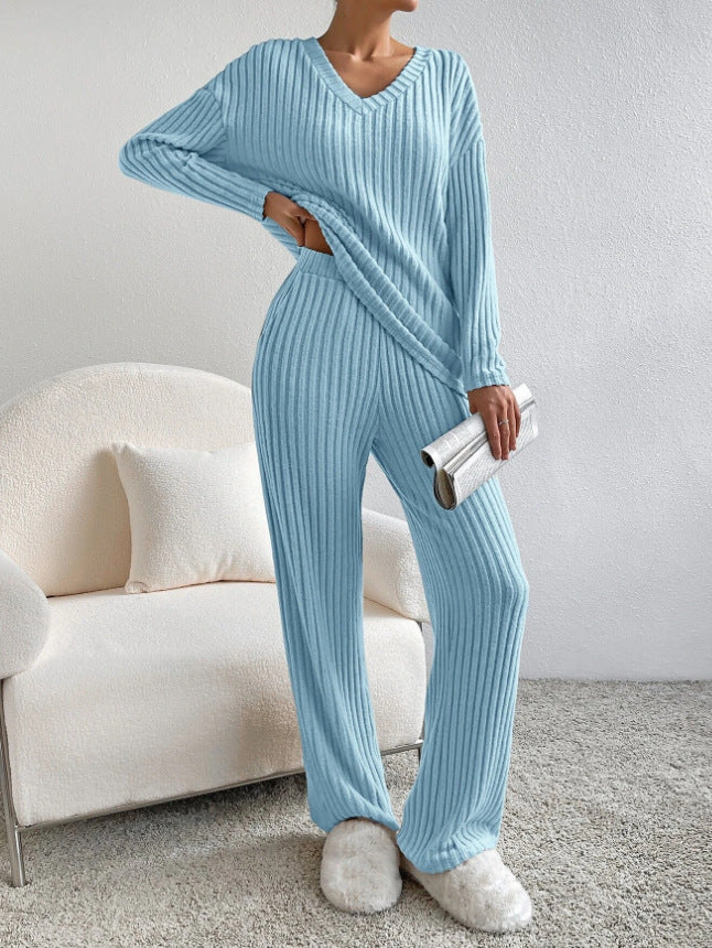 Fashion Solid Striped Suit V-neck Long-sleeved Top And Casual Straight Pants Loose Temperament Women's Clothing