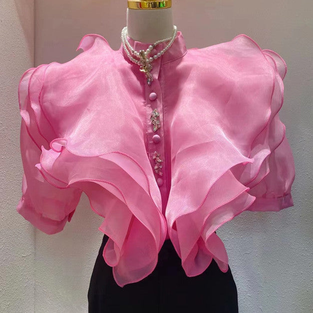 Ruffled Organza Shirt Women Puff Sleeve