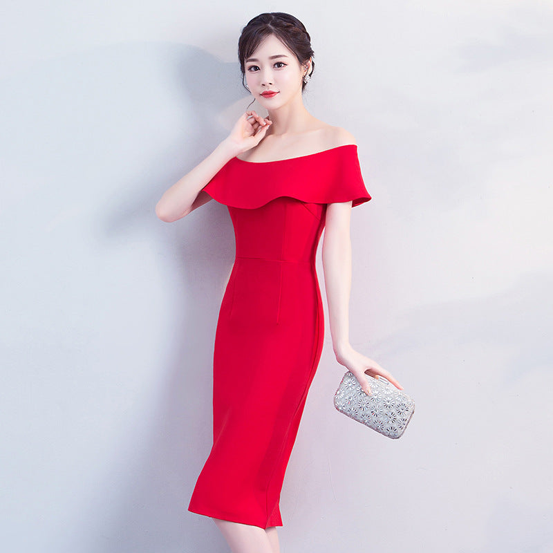 Ruffled off-shoulder slim slim dress dress