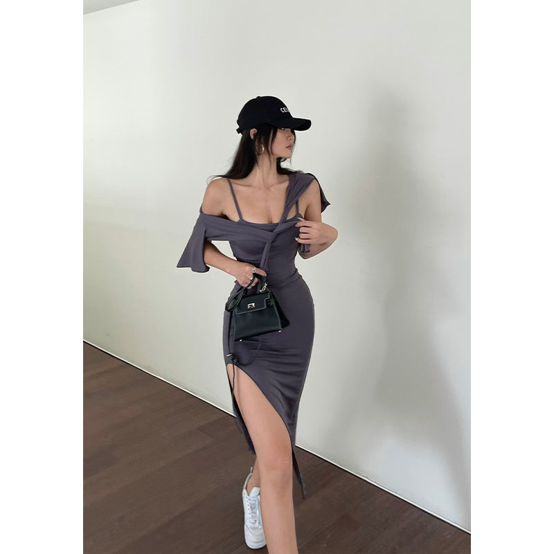 Black Word-neck Suspender Dress With Feminine Waist