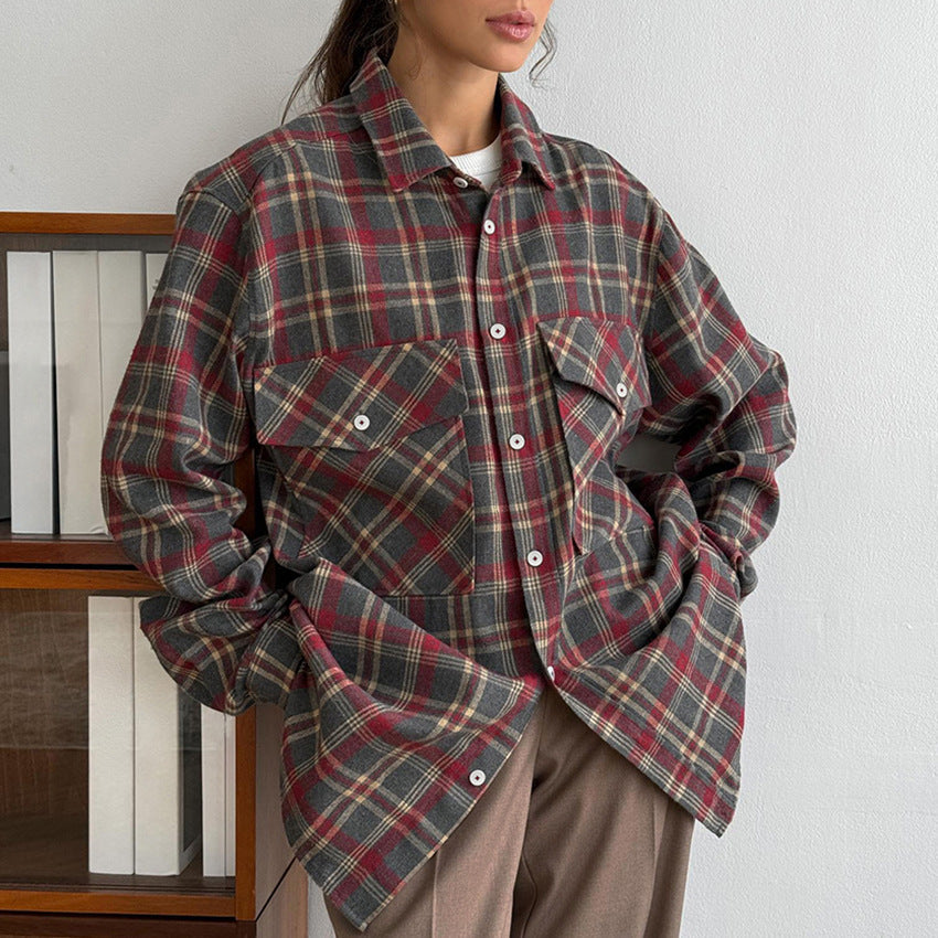 Retro Plaid Frauenhemd Minimalist Long Sleeve