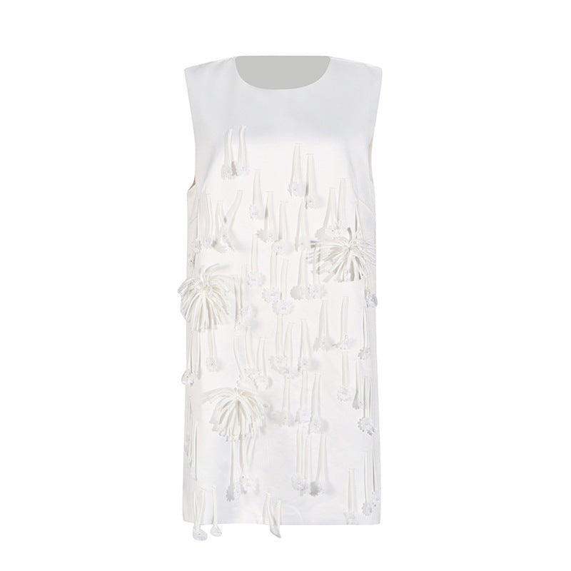 Round Neck Stitching Tassel Flower Design Sleeveless Dress