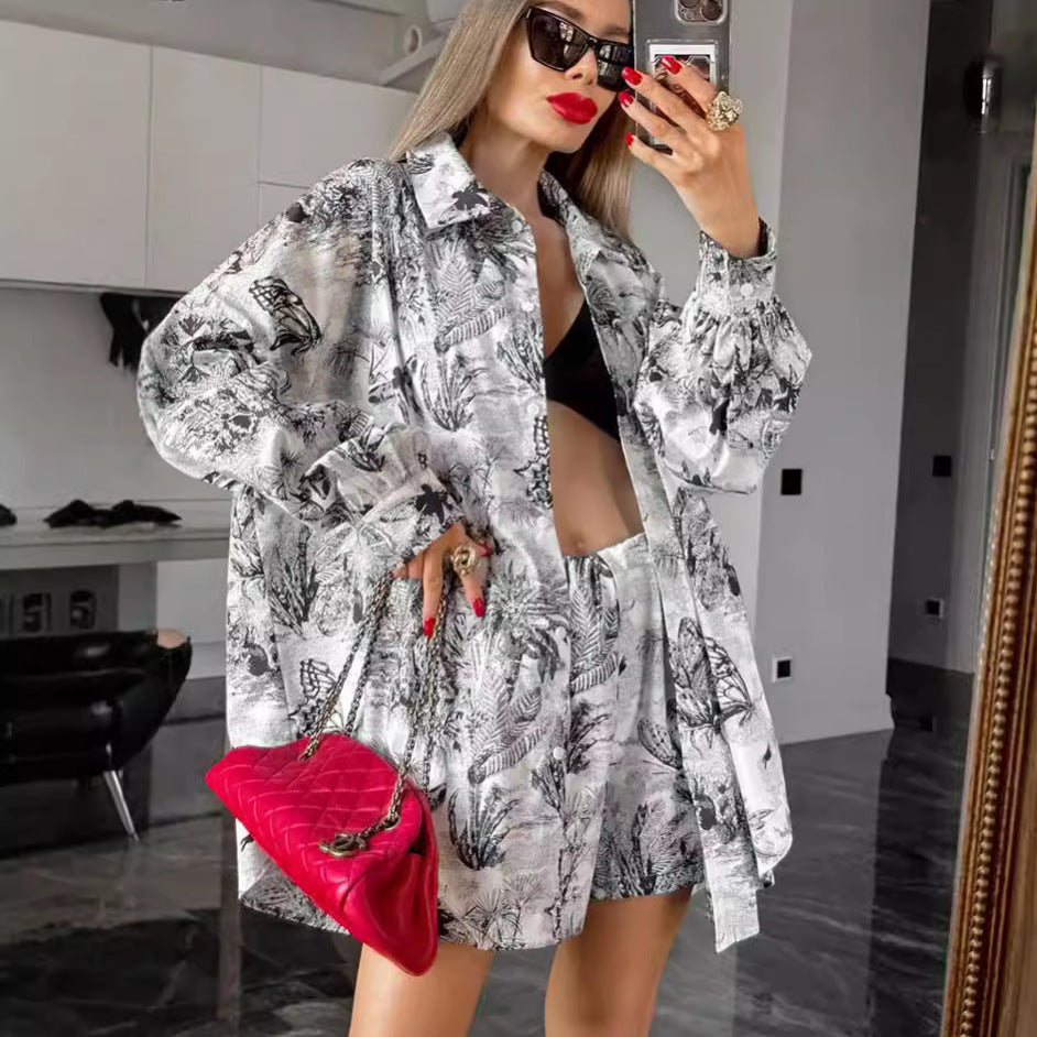 Fashion Loose Ink Printing Shirt Shorts Suit Women