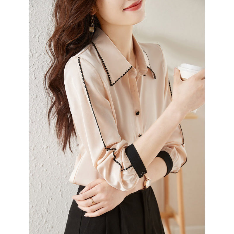 Satin Lapel Shirt Top For Women