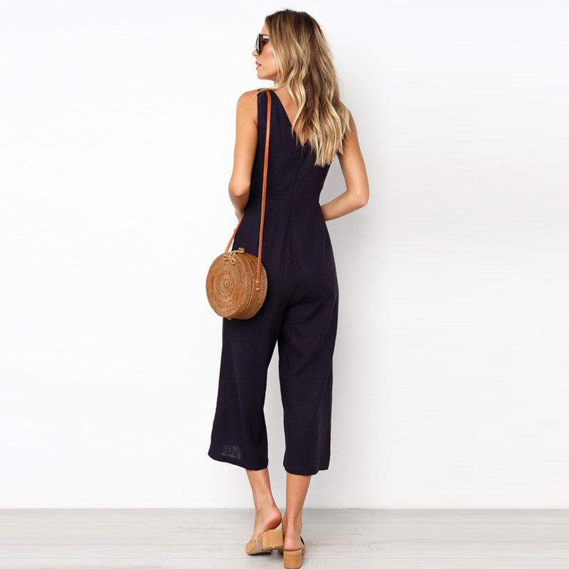 Dacron V-neck Button Backless Jumpsuit