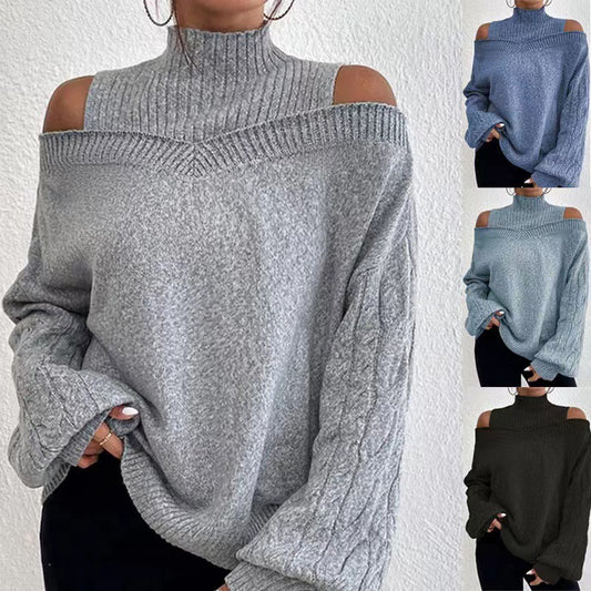 European And American Off-the-shoulder Sweater Women's Pullover Half Turtleneck Autumn And Winter New Lantern Sleeve Sweater