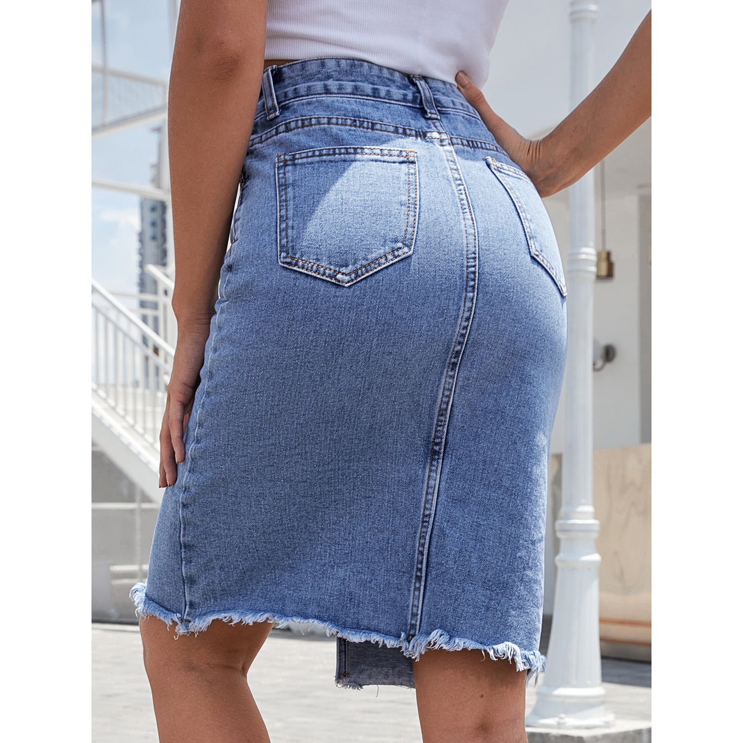 High Waist Autumn Mid-Length Pack Hip Slit Denim Skirt