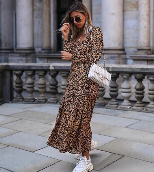 Leopard print V-neck casual dress