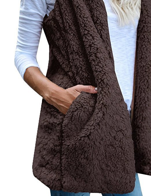 Fashion Solid Color Sleeveless Hooded Pocket Cashmere Vest