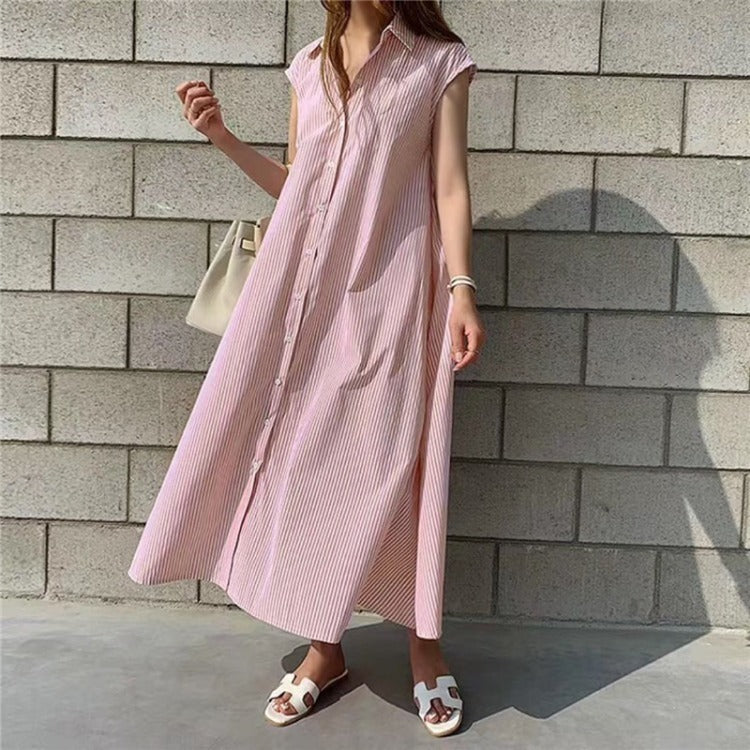 Vertical Stripes Sleeveless Shirt Dress Women