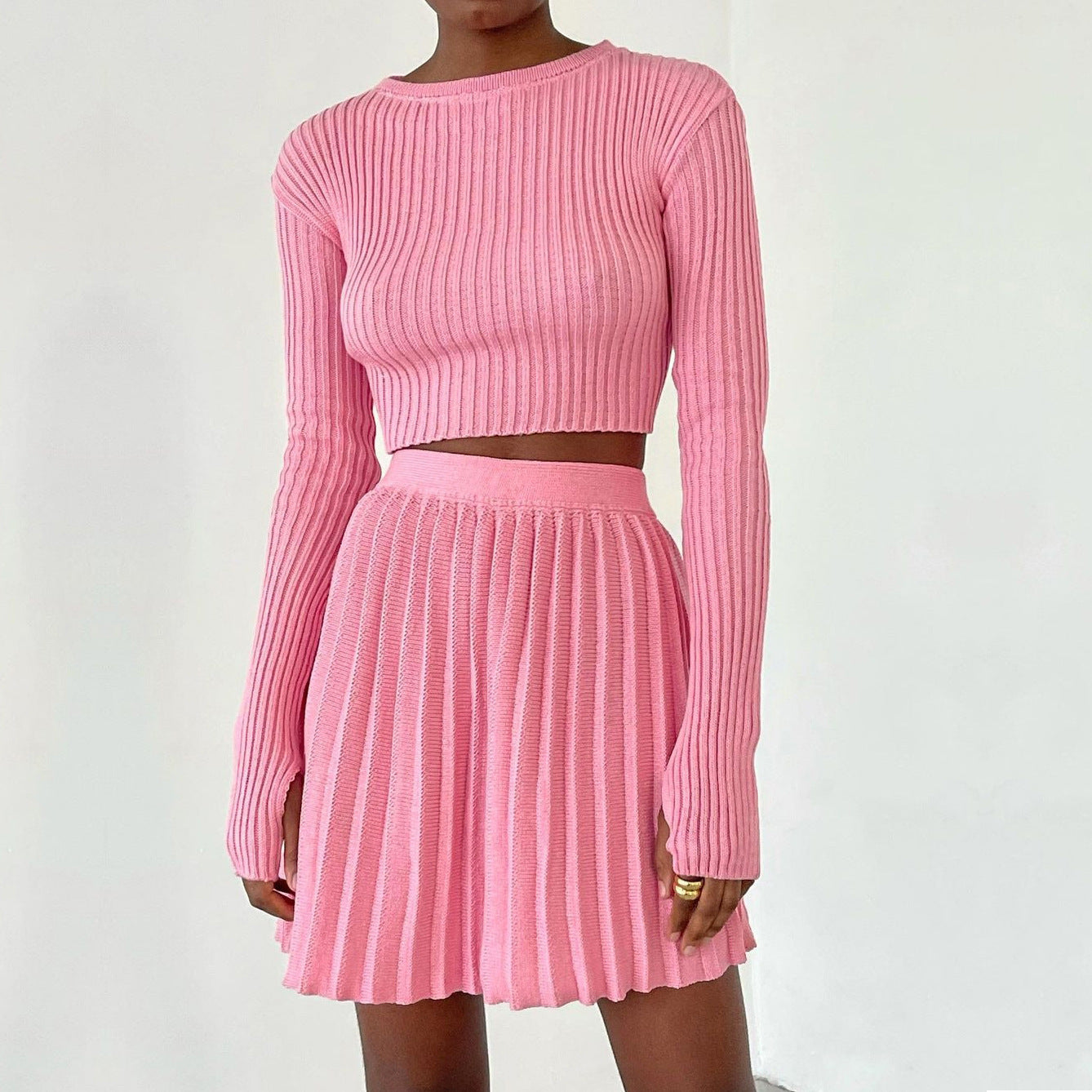 Two-piece Long-sleeved Tight-fitting Pleated Knit Short Skirt Sweater