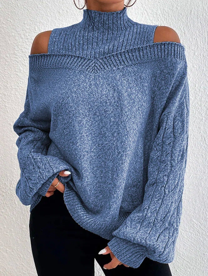 European And American Off-the-shoulder Sweater Women's Pullover Half Turtleneck Autumn And Winter New Lantern Sleeve Sweater