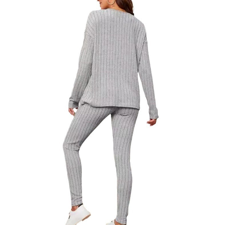 Fashion Casual Loose Round Neck Sunken Stripe Knitting Suit