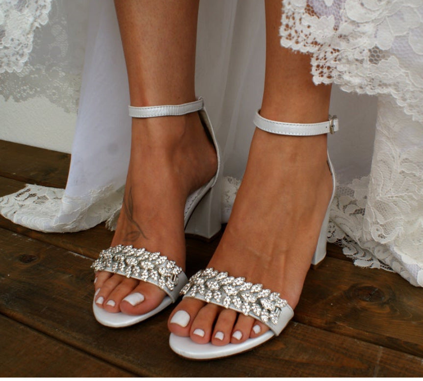 PU White With Diamond Thick High-heeled