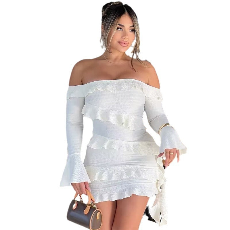 Long Sleeve Bell Sleeve Off-shoulder Ruffled Ribbon Short Dress