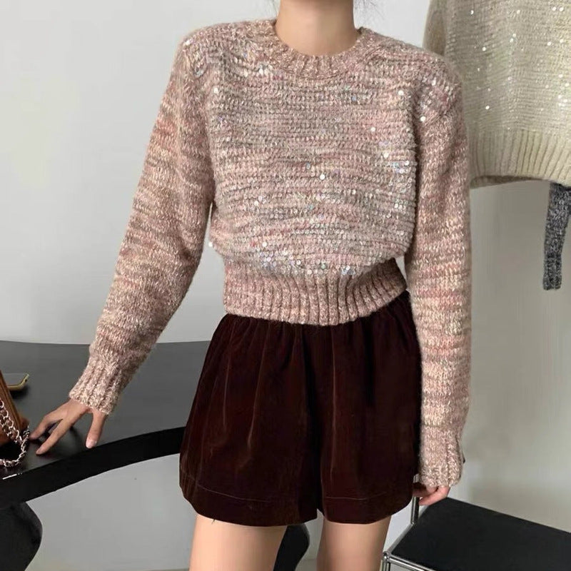 Korean Style O-neck Short Pullover Sequined Sweater