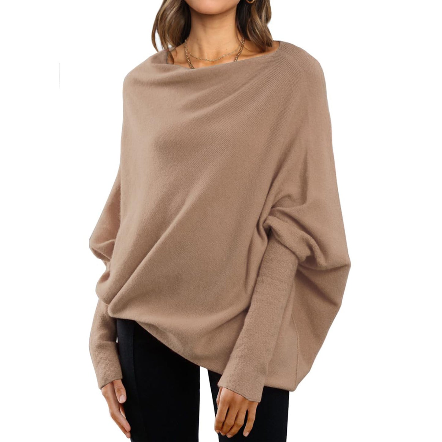 Pinage à manches de chauve-souris en vrac Tops simples décontractés Couleur solide polyvalente Pull à cou rond pour les femmes