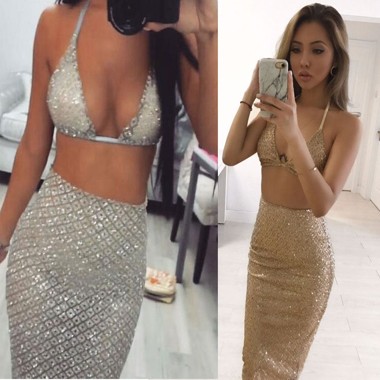 Sequin Sling Backless Nightclub Hip Skirt V-neck See-through Two-piece Set