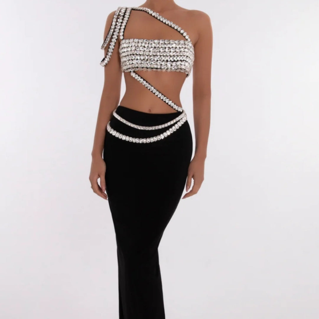 Summer Rhinestone Draping Shoulder Single Shoulder Shape Midriff Outfit Two-piece Dress