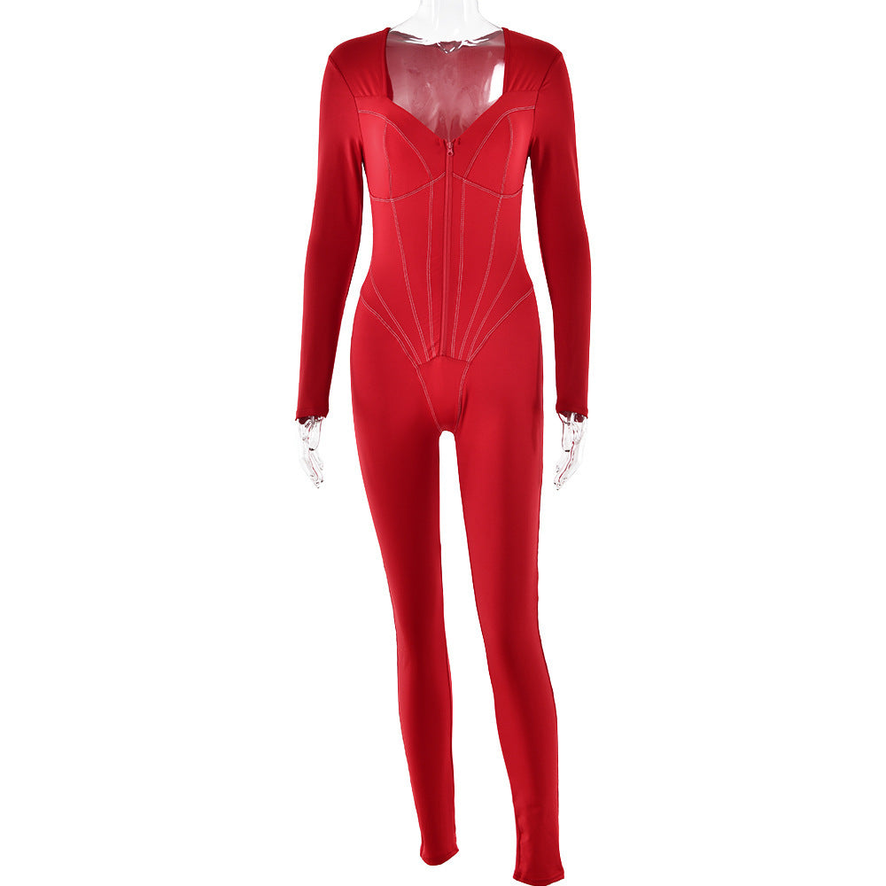 Sexy Tight Zipper Jumpsuit Autumn New