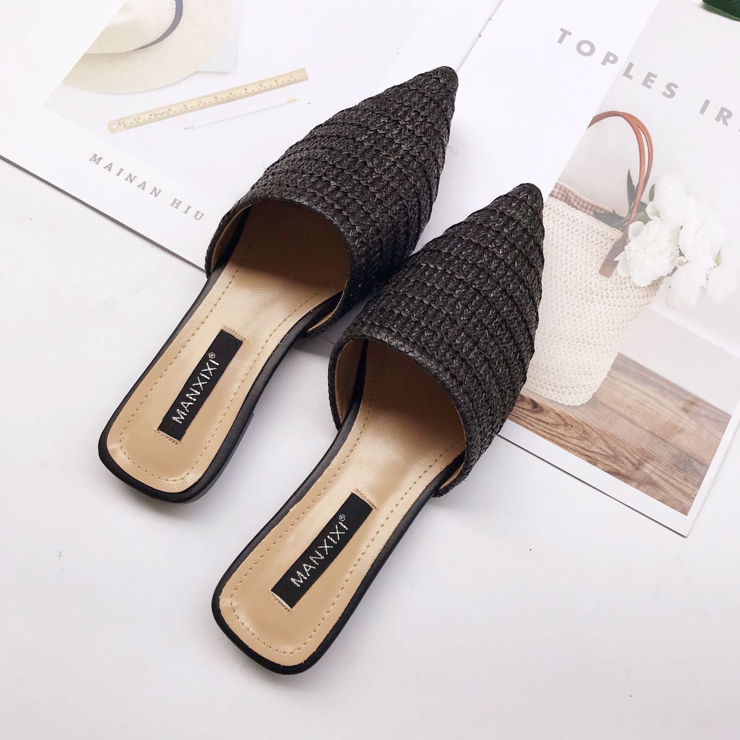 Pointed braided breathable flat half slippers