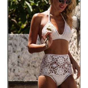 European And American New Women's Swimsuit Suit Beach Sunshine Bath Foreign Trade Handmade Crochet Tassel Split Bikini