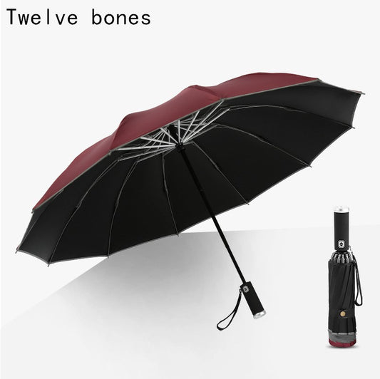 Illuminated automatic folding reverse umbrella