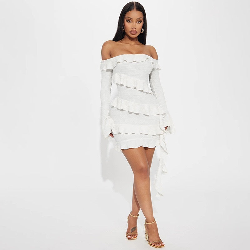 Long Sleeve Bell Sleeve Off-shoulder Ruffled Ribbon Short Dress