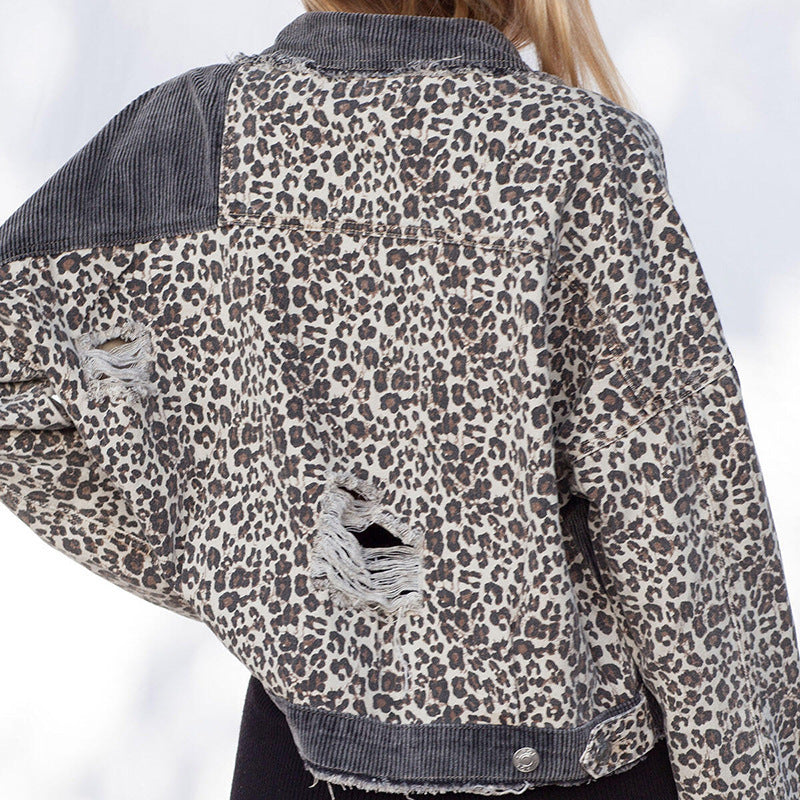 Leopard Stitching Corduroy Denim Women Jacket