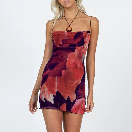 Mesh Geometric Printing And Dyeing Slim-fit Sheath Dress Short Skirt