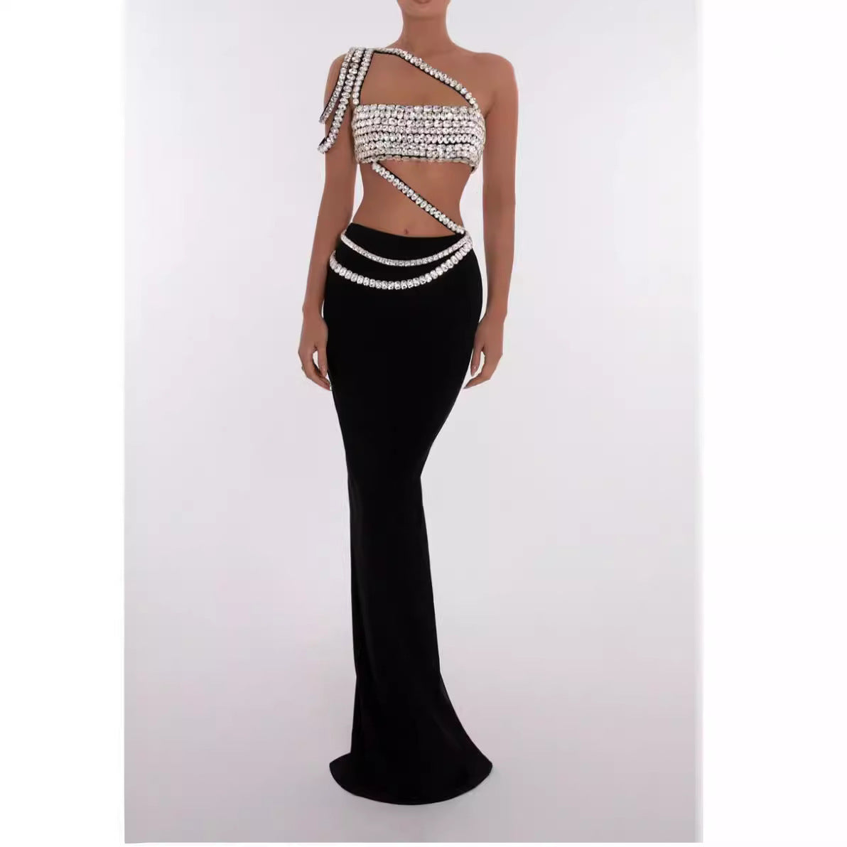 Summer Rhinestone Draping Shoulder Single Shoulder Shape Midriff Outfit Two-piece Dress