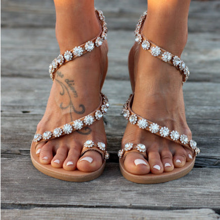 2021wish sizzling national wind foreign trade large size flat bottom rhinestone handmade female sandals toe casual flowers