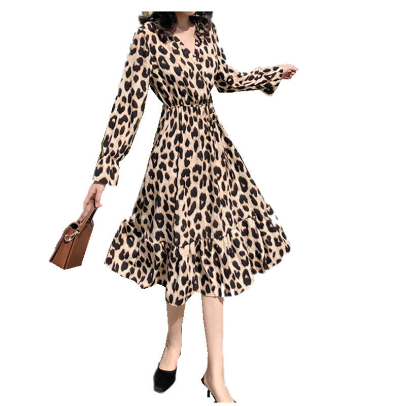 Leopard Print V-neck Long Sleeve Flared Sleeve Flowy Dress