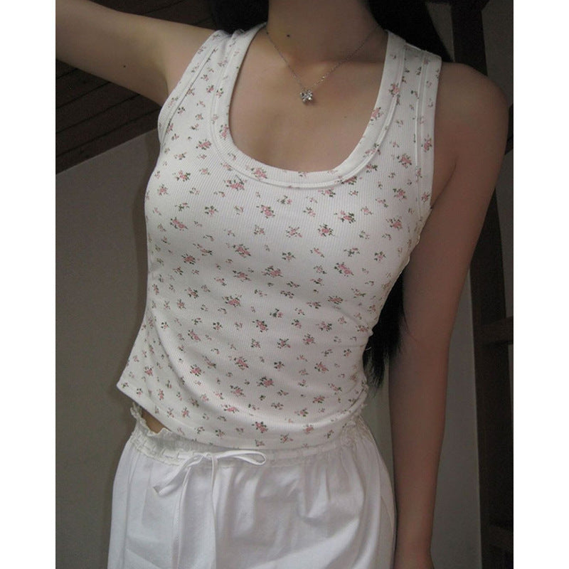 European And American U-neck Sleeveless T-shirt Fashion Floral Slim-fitting Vest