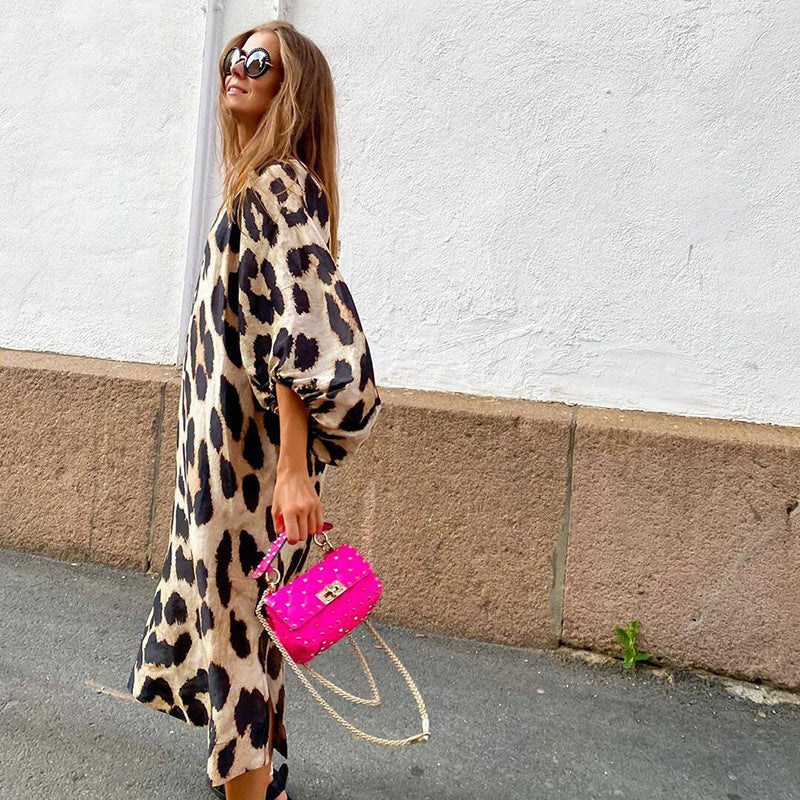 Long V-Neck Loose Balloon Sleeve Leopard Dress