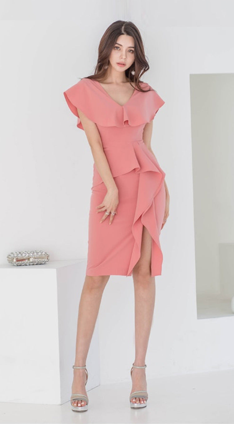 V-neck dress with split ruffles